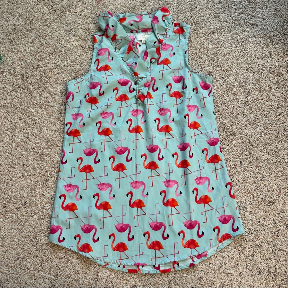 Mudpie flamingo ruffled sleeveless top